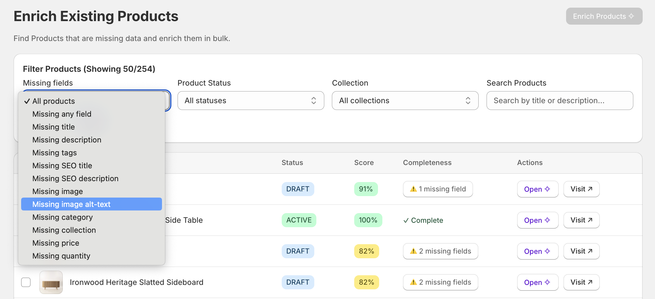 Listagrow Shopify App, filter incomplete products and bulk enrich them