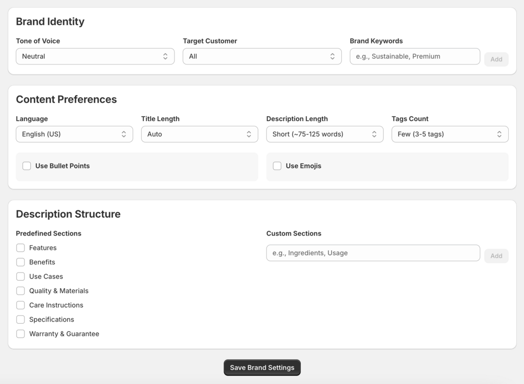 Listagrow Shopify App, customize brand and content settings for a unique product listing
